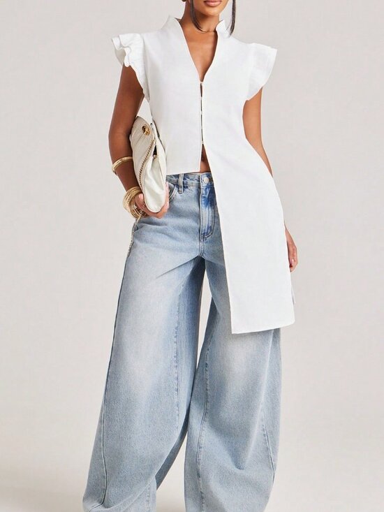 Tops - White Casual Women's Ruffle Asymmetrical Long Plain Regular Fit Top